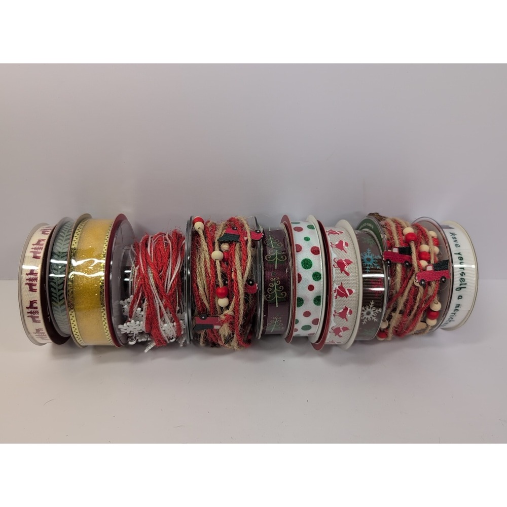 11 Spools Christmas Ribbon Lot Red Green White Snowflakes Penguins Cord‎ Satin